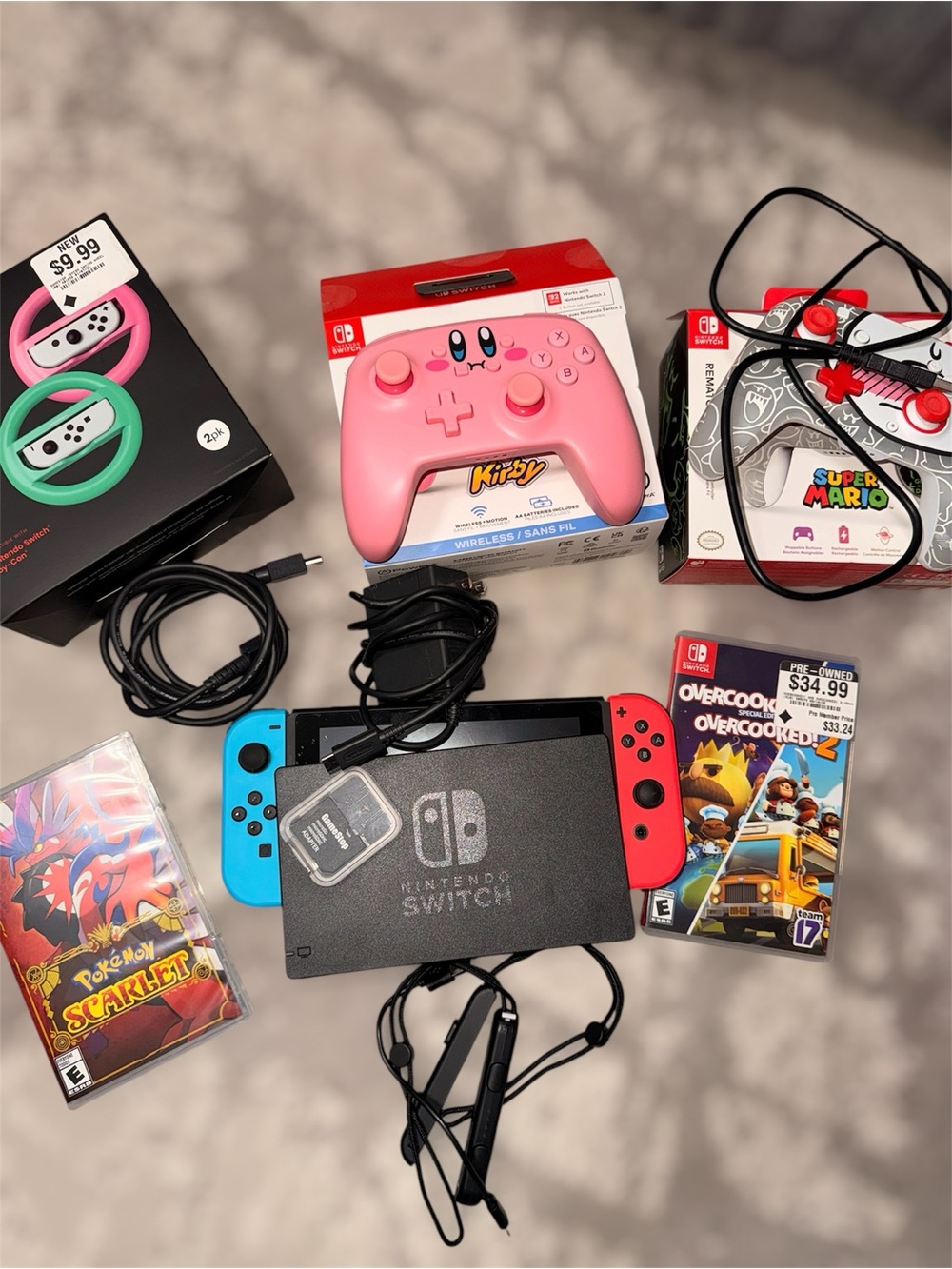 Nintendo Switch Bundle with 2 Wireless Controllers & Steering Wheel set & games